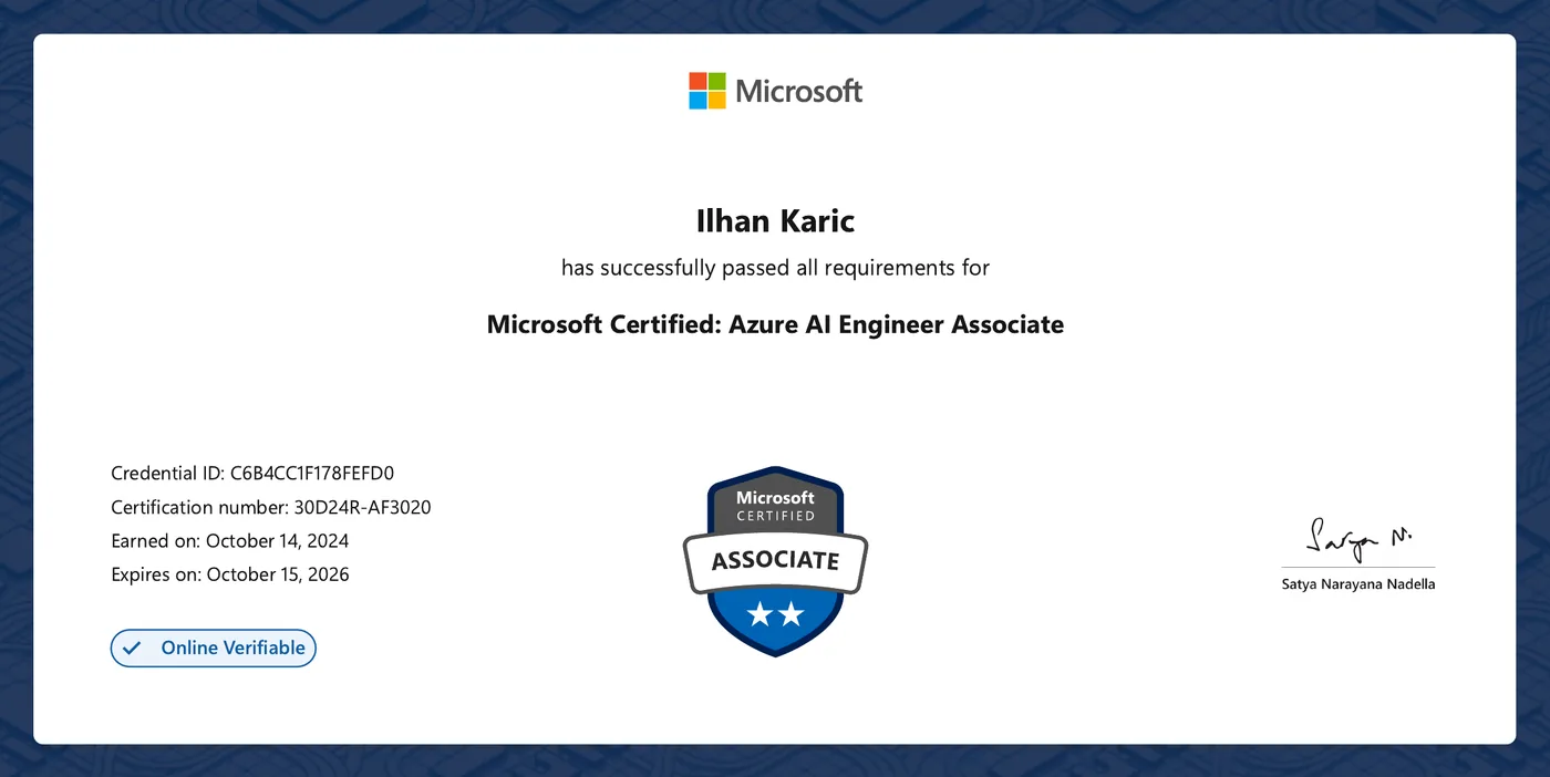 Microsoft Certified: Azure AI Engineer Associate certificate issued to Ilhan Karic